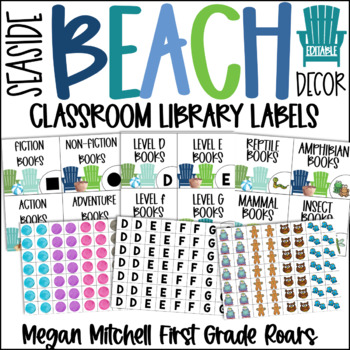 Preview of Beach Theme LIBRARY BOOK LABELS Classroom Decor