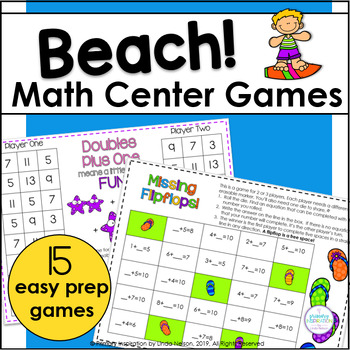 Preview of Beach Theme Math Center Games - First Grade Addition, Subtraction, Place Value