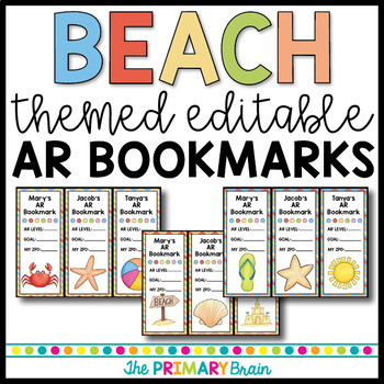 Preview of Beach Themed Accelerated Reader EDITABLE Classroom Bookmarks