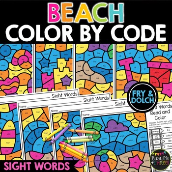 Preview of Beach Themed Coloring Pages with Sight Words | Color by Code | Summer