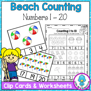 Preview of Summer Beach Counting Sets of Objects to 20 Clip Cards Math Center & Worksheets