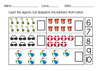 beach themed cut and paste counting 6 10 worksheet by michelle kinder page