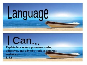 Preview of Beach Themed grade 3 Common Core "I Can" statement posters - Language