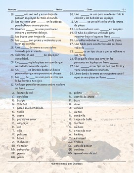 Beach Things and Activities Spanish Crossword Puzzle TpT
