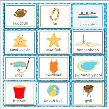 beach vacation vocabulary cards for preschool and kindergarten by julie