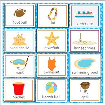 beach vacation vocabulary cards for preschool and