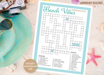 Preview of Beach Vibes Summer Crossword Puzzle Print and Go Activity