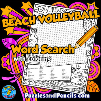 Preview of Beach Volleyball Word Search Puzzle Activity with Coloring | Summer Games