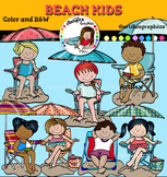 Beach kids clip art.  Color and B&W