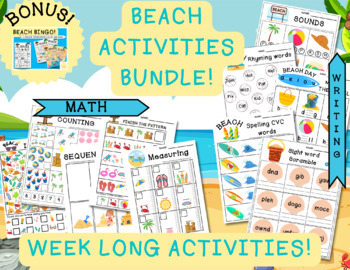 Preview of Beach theme activities BUNDLE] Fun Math and writing for Elementary & preschool!