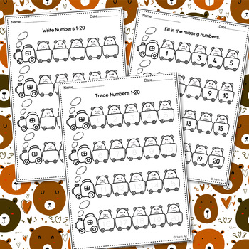 Preview of Bear Train Number Tracing & Writing Practice 1-20/Fill in Missing Numbers