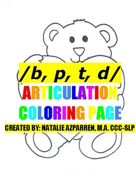 Preview of Bear Valentine Speech Therapy Coloring Activity Articulation B P T D