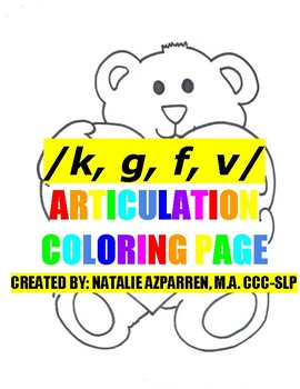 Preview of Bear Valentine Speech Therapy Coloring Activity Articulation K G F V