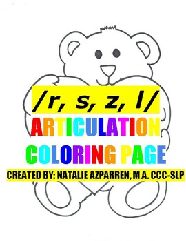 Preview of Bear Valentine Speech Therapy Coloring Activity Articulation R S Z L