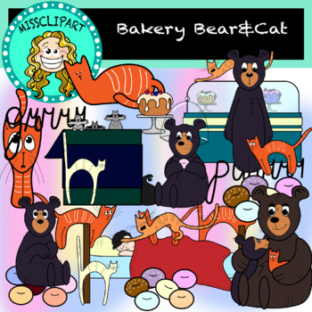 Preview of Bear and Cat at Bakery Clipart (Color and B&W){MissClipArt}