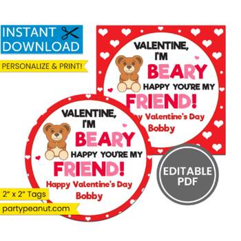 Bear Valentines Tags Friend School Class Kids Beary Valentines Day Tag ...