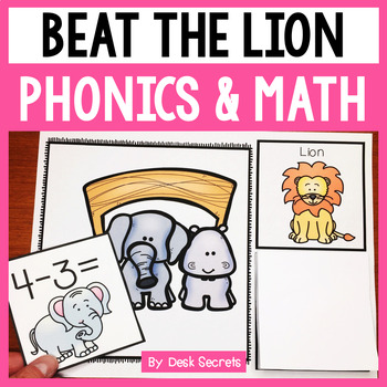 Preview of Phonics Review Game & Math Review Game | Task Cards | Beat the Lion | Zoo Game