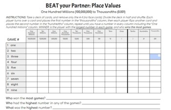 Preview of Beat your Partner: Place Values (100,000,000 to 0.001)