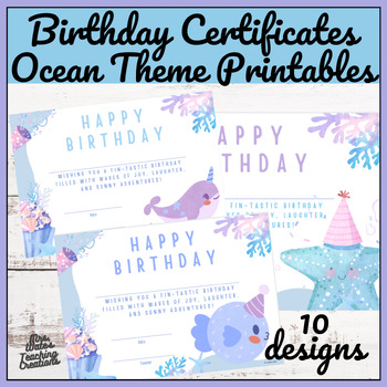 Preview of Birthday Certificates for Birthday Rings & Special Days - Ocean Themed Printable