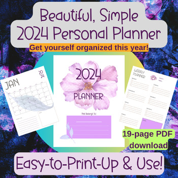 Preview of Beautiful & Simple 2024 PLANNER -- lavender colors / flowers & leaves -- 19pp