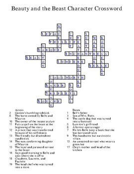 Beauty and the Beast Character Crossword by Hogwarts CR TPT