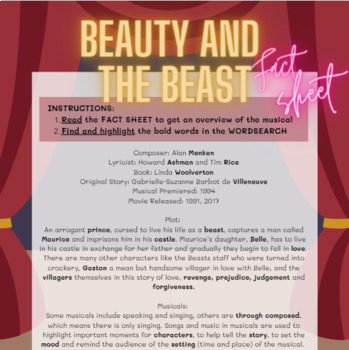 Beauty and the Beast Musical Word Search and Fact Sheet by Sunshine Music