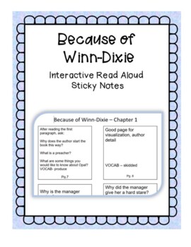 Preview of Because of Winn Dixie Interactive Read Aloud Sticky Notes