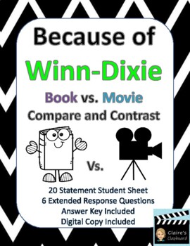 Preview of Because of Winn Dixie Book vs. Movie Compare and Contrast -Digital Copy Included