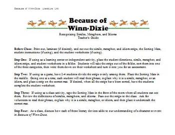 Preview of Because of Winn-Dixie - Identifying Similes, Metaphors, and Idioms
