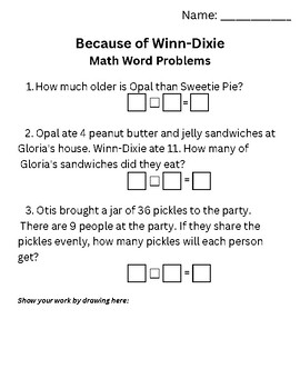 Preview of Because of Winn Dixie - Math Word Problems