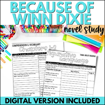 Preview of Because of Winn Dixie Novel Study, Vocabulary, Chapter Questions & Comprehension