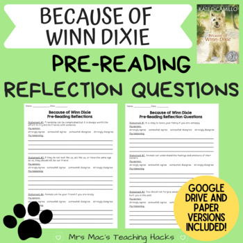 Preview of Because of Winn Dixie Pre-Reading Reflection Questions