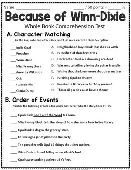Because of Winn-Dixie Test: Final Book Quiz with Answer Key | TpT
