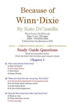 Preview of Because of Winn-Dixie by Kate DiCamillo; Multiple-Choice Study Guide Quiz w/Ans