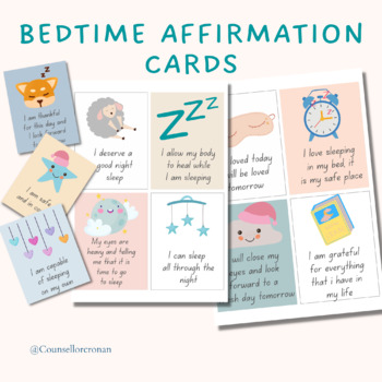 Preview of Bedtime affirmation cards, bedtime routine, sleep, calming cards, coping skills