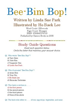 Preview of Bee-Bim Bop! Written by Linda Sue Park; Multiple-Choice Study Guide w/Answer Key