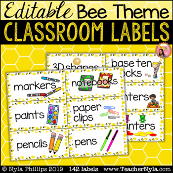 Preview of Bee Classroom Supply Labels with Pictures - Editable