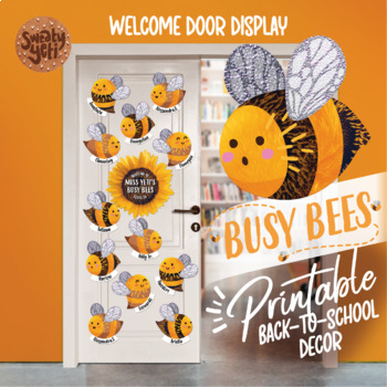 Preview of Bee Door Decor Editable Classroom Display Printables with Welcome Sunflower