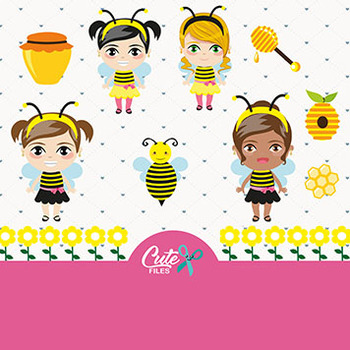 Preview of Bee Girls Clipart, Sweet Honey Bee  with Girls for a Honey Party Digital Cl
