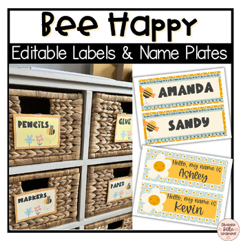 Preview of Bee Happy Desk Name Plates & Labels | Editable