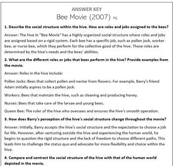 Preview of Bee Movie (2007) - Movie Questions (Focus on Social Elements)