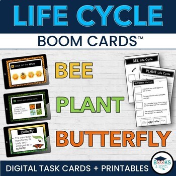 Preview of Butterfly Life Cycle, Plant Life Cycle, Bee Life Cycle BOOM CARDS + Worksheets