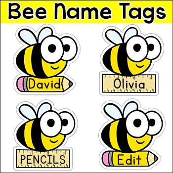 Preview of Editable Name Tags & Labels - Bee Theme Classroom Decor