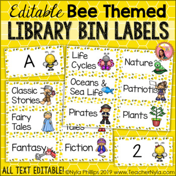 Preview of Bee Themed Library Labels for Book Bins - Editable