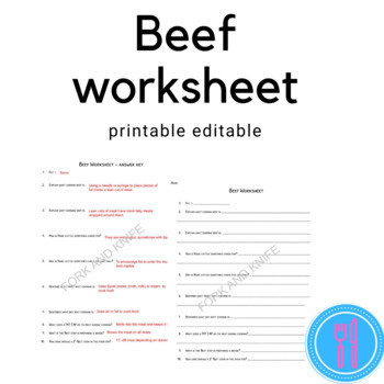 Preview of Beef Meat Worksheet - For Culinary ProStart And FCS Class