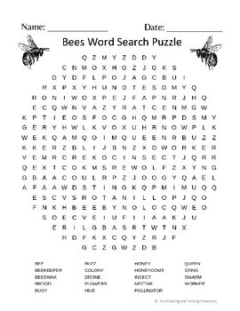 Bees Word Search and Crossword Puzzle by Fun Reading and Writing Resources