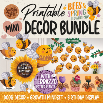 Preview of Bees and Spring Flowers Theme Classroom Decor Bundle Door Decor Growth Mindset
