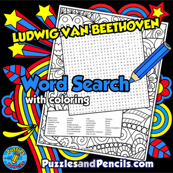 Preview of Beethoven Word Search Puzzle Activity with Coloring | Famous Music Composers