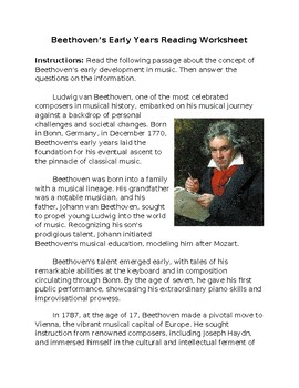 Preview of Beethoven's Early Years Reading Worksheet **Editable**