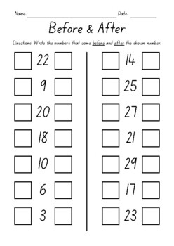 Before & After Worksheets - Numbers Practice - Test Prep - Sub Plan